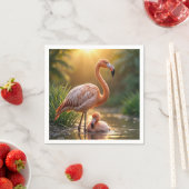 Serviette En Papier Flamant rose mère et poussin (En situation)