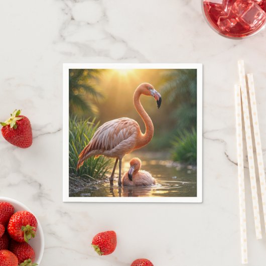 Serviette En Papier Flamant rose mère et poussin (En situation)