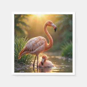 Serviette En Papier Flamant rose mère et poussin