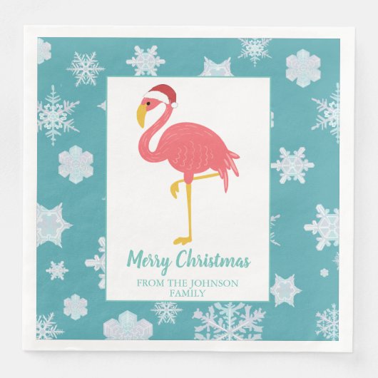 Serviette En Papier Flamant rose Noël Snowflake Blue Tropical Famille (Devant)