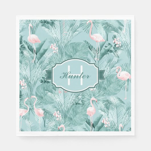 Serviette En Papier Flamant rose Orchidée Tropical Motif Turquoise ID8 (Devant)