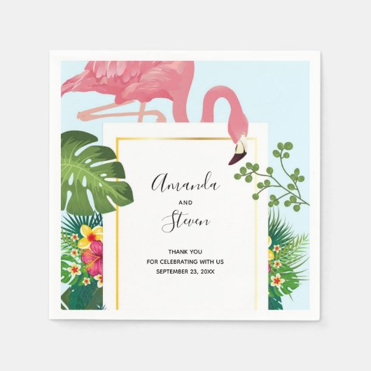 Serviette En Papier Flamant rose rose élégant et Mariage Feuille tropi (Devant)