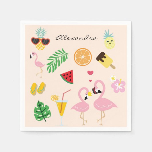 Serviette En Papier Flamant rose rose mignon Couple avec été tropical (Devant)