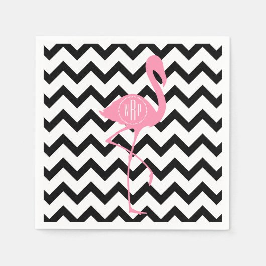 Serviette En Papier Flamant rose rose monogramme + Chevron noir (Devant)