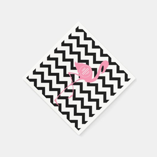 Serviette En Papier Flamant rose rose monogramme + Chevron noir (Coin)