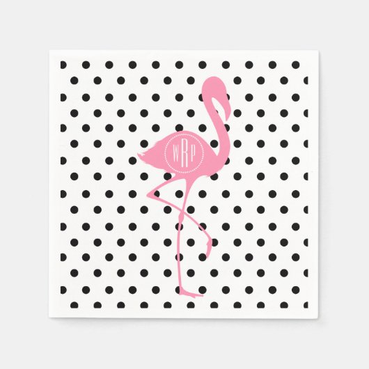 Serviette En Papier Flamant rose rose monogramme + point noir Polka (Devant)
