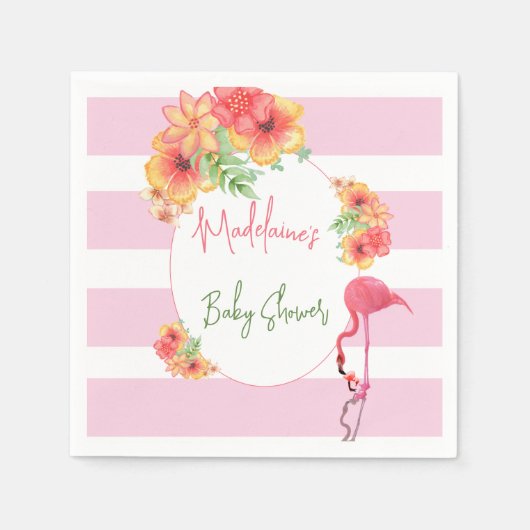 Serviette En Papier Flamant rose tropical Baby shower en bande rose (Devant)