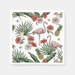 Serviette En Papier Flamant rose tropical blanc motif floral