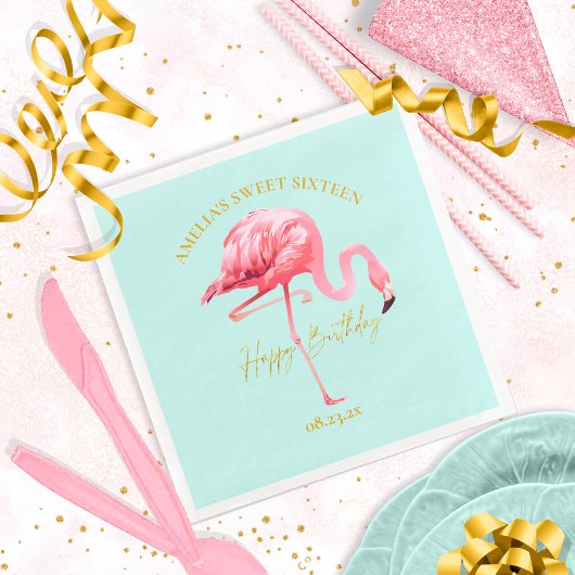 Serviette En Papier Flamant rose tropical doux 16 Joyeux anniversaire