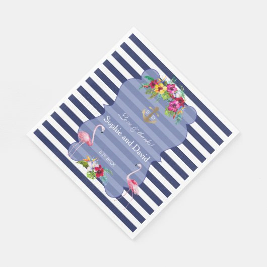 Serviette En Papier Flamant rose tropical Floral Luau Navy Stripes Mar (Coin)