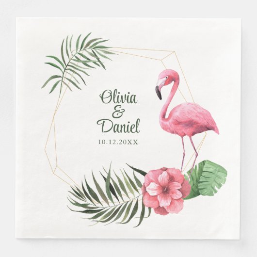 Serviette En Papier Flamant rose tropical Mariage cadre doré (Devant)