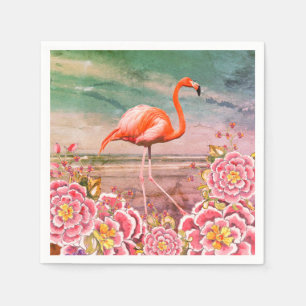 Serviette En Papier Flamant rose tropical sur la plage & Fleurs roses