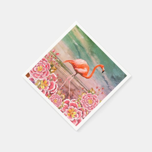 Serviette En Papier Flamant rose tropical sur la plage & Fleurs roses  (Coin)
