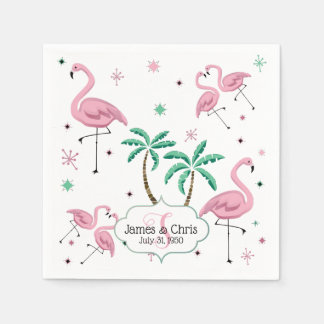 Serviette En Papier Flamants roses et palmiers Monogramme de style ato