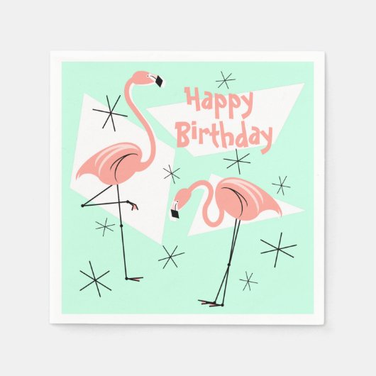 Serviette En Papier Flamants roses Retro Green Joyeux anniversaire (Devant)