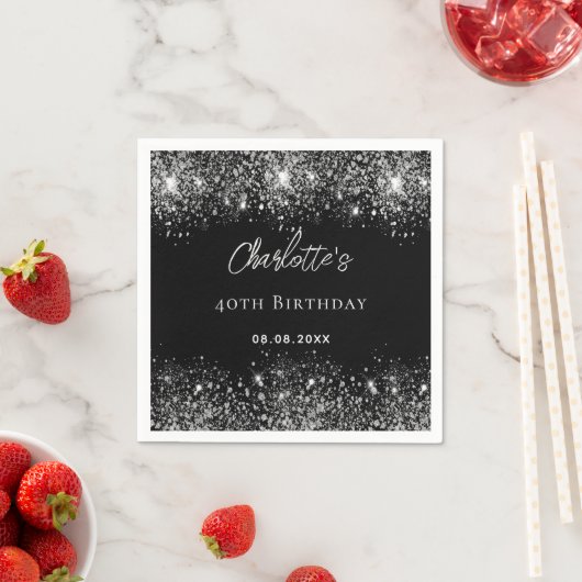 Serviette En Papier Flambée de parties scintillant noire en argent (En situation)