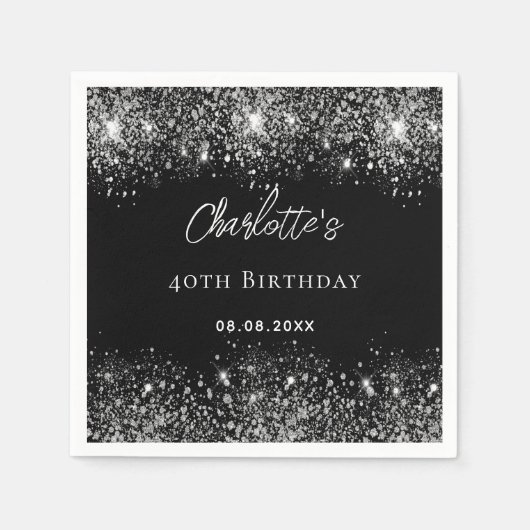 Serviette En Papier Flambée de parties scintillant noire en argent (Devant)
