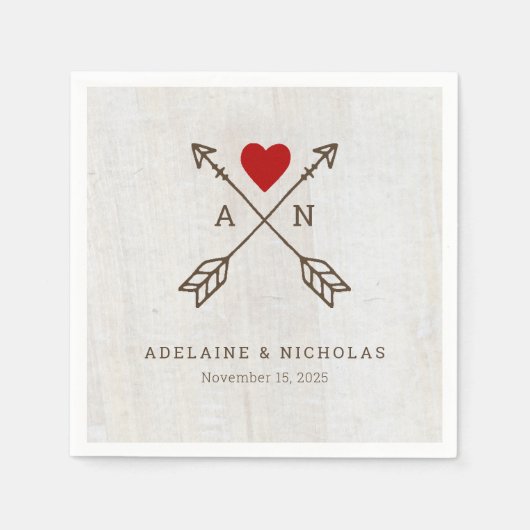 Serviette En Papier Flèches rustiques Mariage de coeur rouge (Devant)