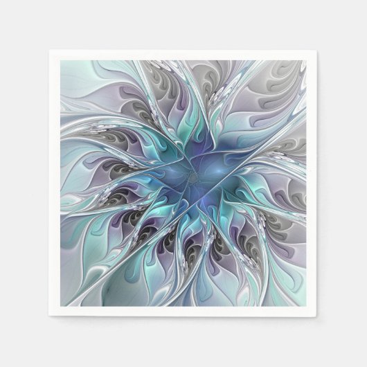 Serviette En Papier Fleur Abstraite Fractale Moderne Avec Bleu (Devant)