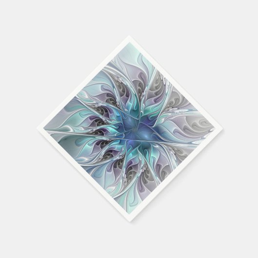 Serviette En Papier Fleur Abstraite Fractale Moderne Avec Bleu (Coin)