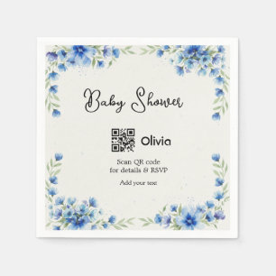 Serviette En Papier Fleur aquarelle bleue bébé shower scan QR RSVP pa
