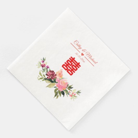 Serviette En Papier Fleur aquarelle double bonheur mariage chinois (Coin)