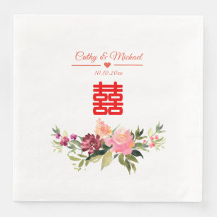 Serviette En Papier Fleur aquarelle double bonheur mariage chinois