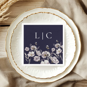 Serviette En Papier Fleur aquarelle élégant monogramme bleu marine fon