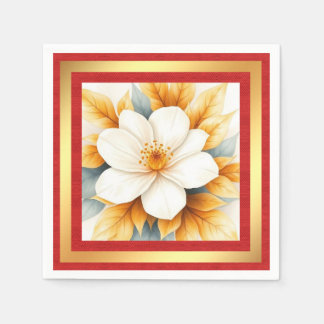 Serviette En Papier Fleur blanche aux feuilles dorées