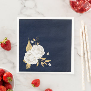 Serviette En Papier fleur blanche feuilles dorées bleu marine