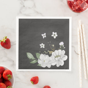 Serviette En Papier fleur blanche feuilles vertes noires