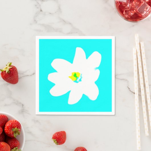 Serviette En Papier Fleur blanche turquoise Jaune Faisée (En situation)