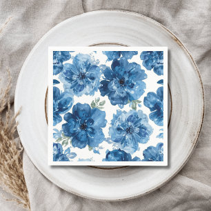 Serviette En Papier Fleur Bleue Aquarelle Floral Botanique Blanc