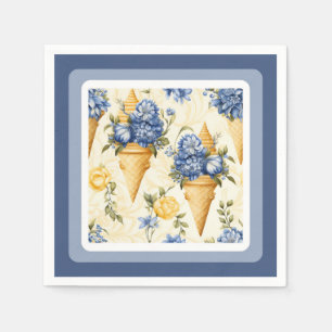 Serviette En Papier Fleur bleue et crème glacée avec bordure
