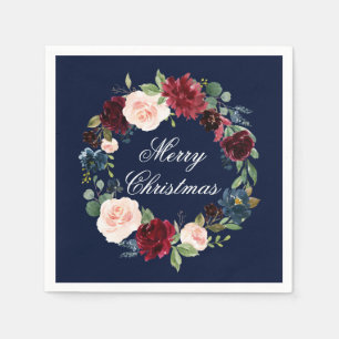 Serviette En Papier Fleur d'aquarelle de fleurs Joyeux bleu de Noël