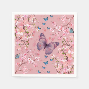 Serviette En Papier Fleur de cerises et papillons colorés
