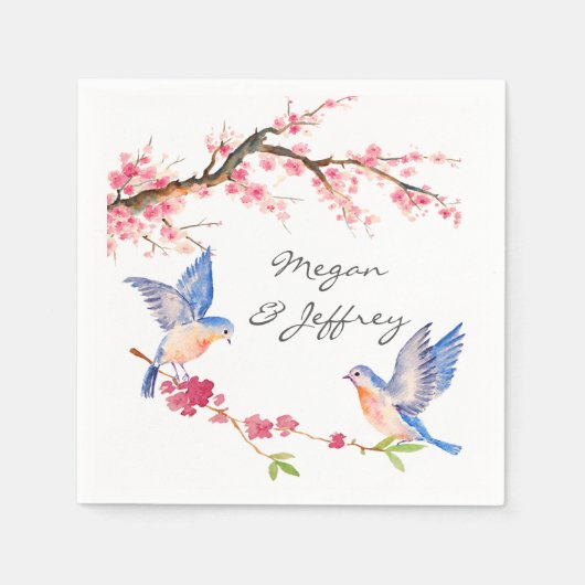 Serviette En Papier Fleur de cerisier d'aquarelle avec BlueBirds (Devant)