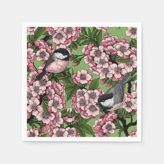 Serviette En Papier Fleur de cerisiers et poulets verts (Devant)