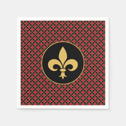Serviette En Papier Fleur de Lis d'or en noir et rouge (Devant)