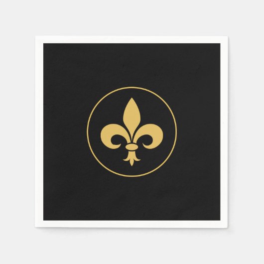 Serviette En Papier Fleur-de-Lis Dorée sur Fond Noir (Devant)
