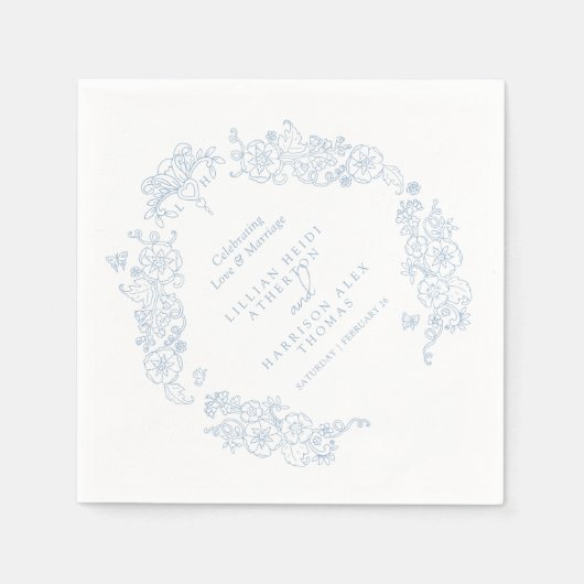 Serviette En Papier Fleur de lis mariage gris bleu blanc (Devant)