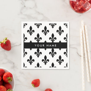 Serviette En Papier Fleur de Lis, Noir sur Blanc, Noir, Votre Nom
