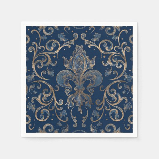 Serviette En Papier Fleur de lis ornement Marbre bleu et or (Devant)