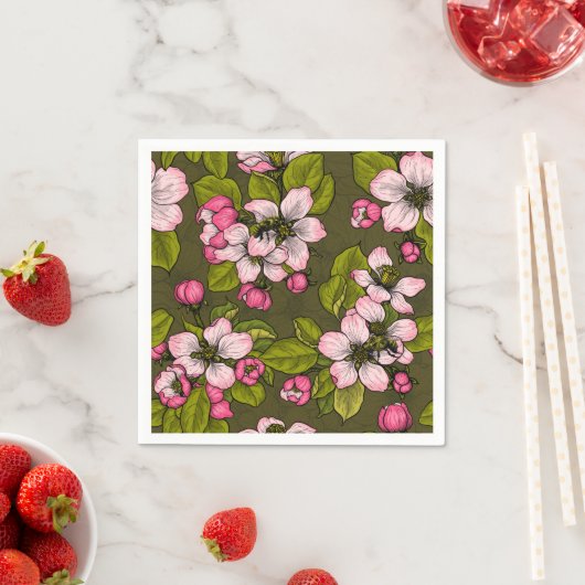 Serviette En Papier Fleur de pomme sur vert foncé (En situation)