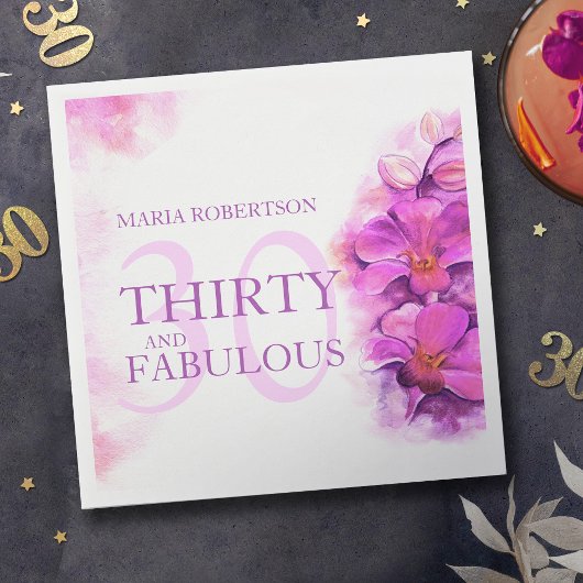 Serviette En Papier Fleur d'orchidée d'aquarelle 30e anniversaire nom