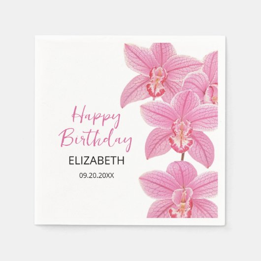 Serviette En Papier Fleur d'orchidée rose tropicale Joyeux anniversair (Devant)
