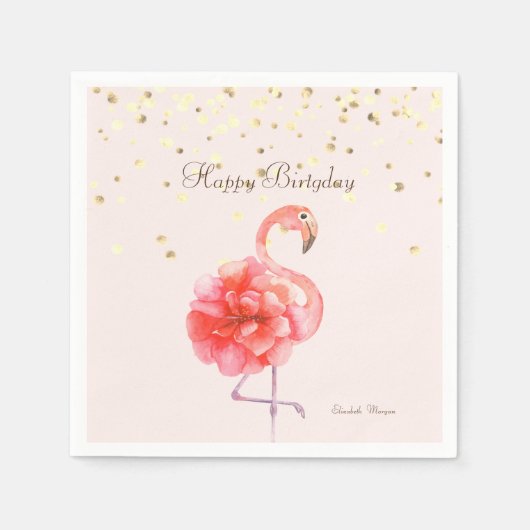 Serviette En Papier Fleur Flamant rose rose, Confetti Or (Devant)