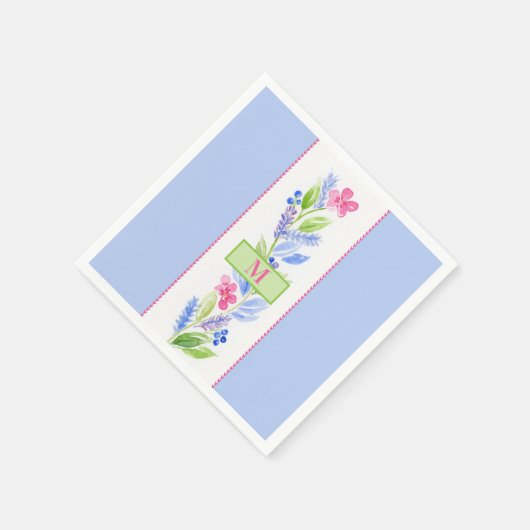 Serviette En Papier Fleur initiale NOM aquarelle peinte à la main bleu (Coin)