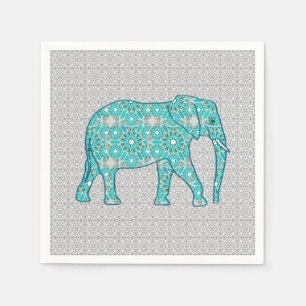 Serviette En Papier Fleur mandala éléphant - turquoise, gris & blanc