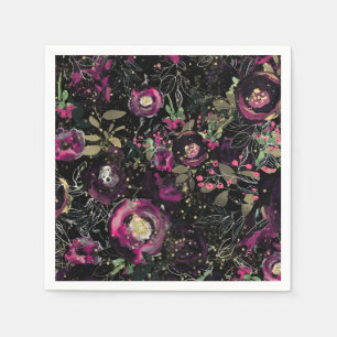 Serviette En Papier Fleur Moderne Étincelante de Prune de Baie Sombre 